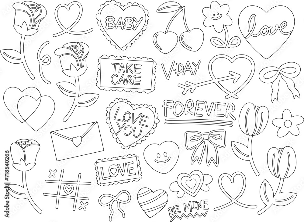 Valentine's Day icon outlines such as red rose, pink heart, flowers, love letter for sticker, tattoo, logo, card, decoration, print, sign, symbol, clothing, accessories, banner, colouring book