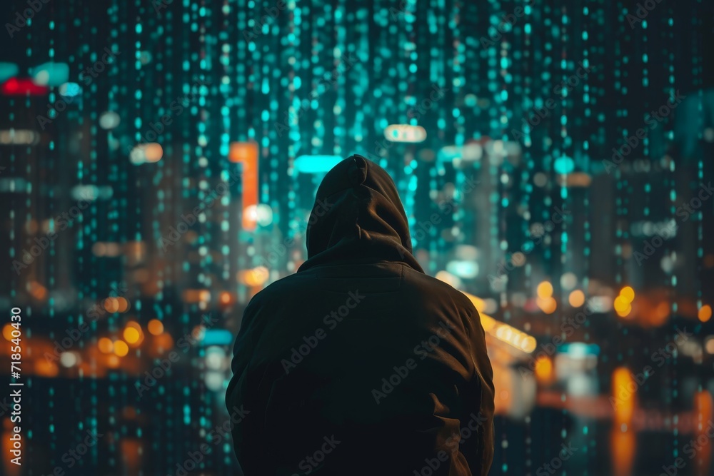 Streams of binary code are visible flowing through the air and buildings Streams of binary code are visible flowing through the air and buildings
