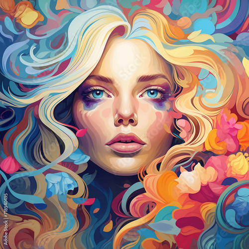 Blond girl with blue eyes. Abstract colorful AI illustration 007