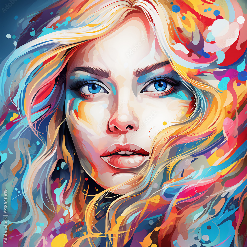 Blond girl with blue eyes. Abstract colorful AI illustration 002