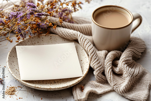 Post paper Card Mockup, Wedding Invitation card Mockup Flat lay Photography against the dried plant and white flowers