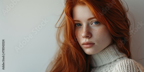 Young Red Haired Woman with Long Hair in the Style of Light White and Orange standing against a Light White Background created with Generative AI Technology