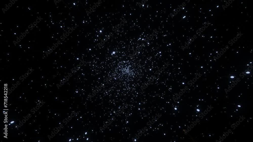 Particle effects or space travel. Abstract star lights moving zoomed in on black background. Hyperspace zoom of different length lines effect.