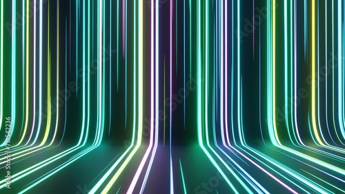 Moving neon lights in colorful lines glow in dark ways, bright and striped abstract patterns with green, purple and blue glow. Future technology background with scrolling at the speed of light. photo