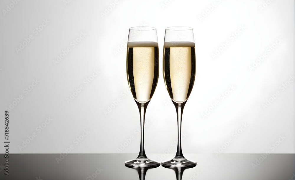 Two champagne glasses on a simple white background, Valentine's Day, Christmas. Generative AI Two champagne glasses on a simple white background, Valentine's Day, Christmas. Generative AI