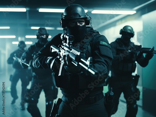 Special forces soldiers in black uniform and mask holding guns