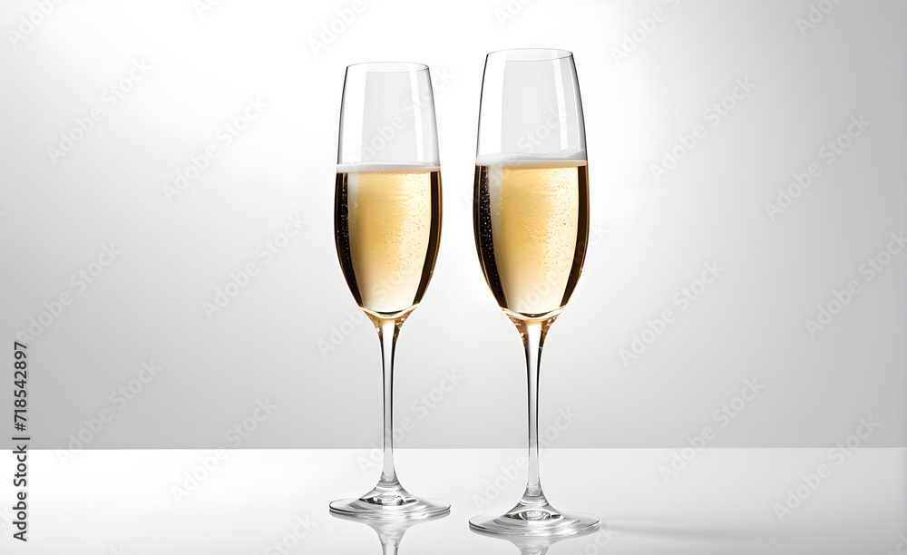 Two champagne glasses on a simple white background, Valentine's Day, Christmas. Generative AI Two champagne glasses on a simple white background, Valentine's Day, Christmas. Generative AI