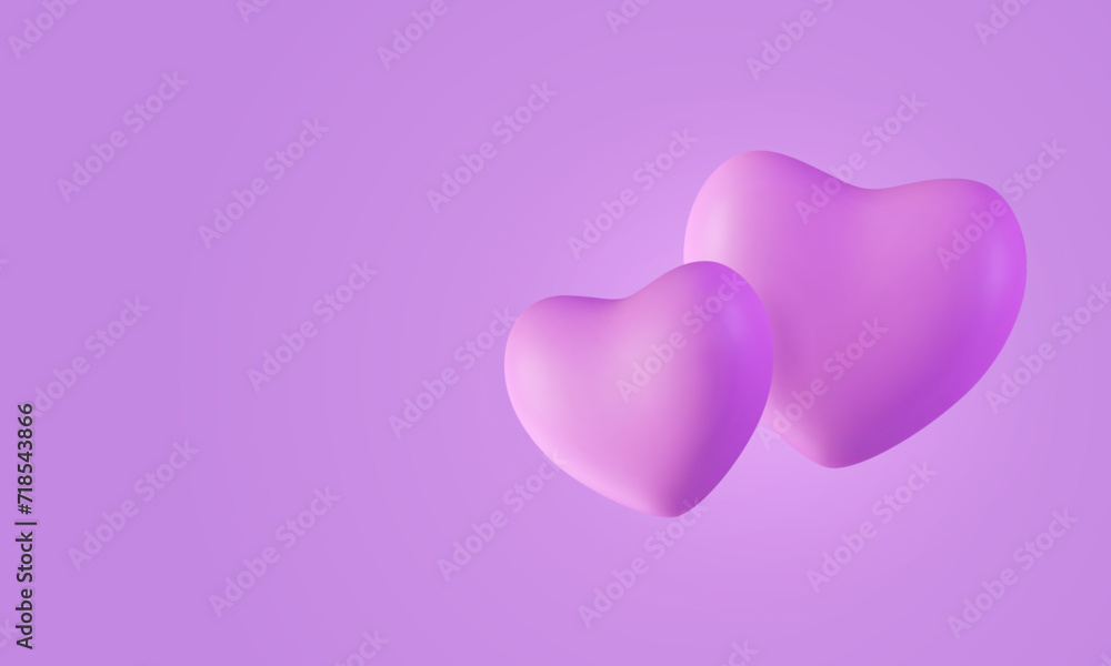 3d cartoon inflated hearts flying on purple gradient background. Valentine's day, birthday minimal romantic banner with copy space. Balloon shape in plastic style. Vector illustration. Love object.