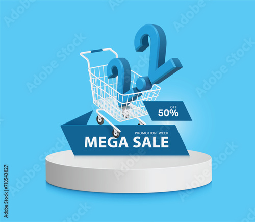 Number 2.2 blue 3d Float in to shopping cart or shopping basket and promotion label Mega sale campaign 50% off in February lying around, all place on a white circular podium or circle platform