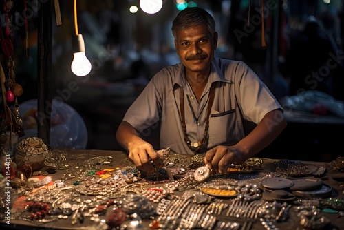 A street vendor skillfully crafting intricate jewelry, surrounded by displays of sparkling gems and beads.