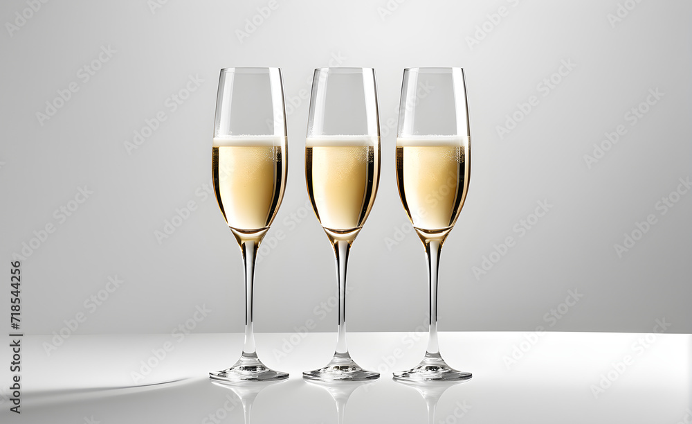 Three champagne glasses on a simple white background, Valentine's Day, Christmas. Generative AI Three champagne glasses on a simple white background, Valentine's Day, Christmas. Generative AI