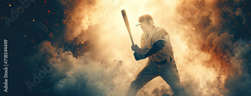 a baseball player with his bat in the light, he baseball player is about to open up a pitch at night, baseball player playing at an stadium with a bat photo