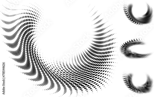 A set of dotted halftone frames with radial rays, unstable due to rattling. For logos, trademarks, emblems. Vector. Space for copying text.