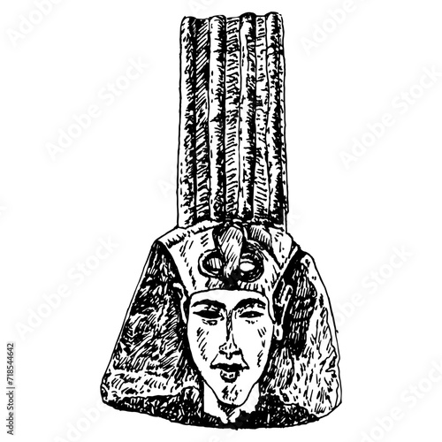 Head of ancient Egyptian pharaoh Akhenaten wearing tall royal crown. Sculpture portrait. Amarna art. Hand drawn linear doodle rough sketch. Black and white silhouette.