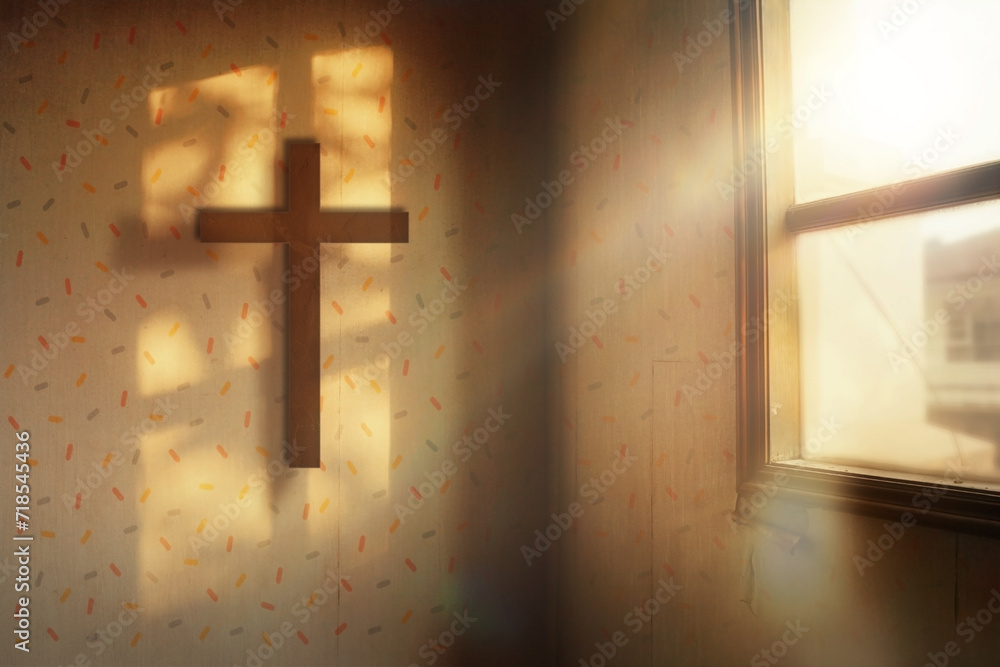 wood cross on wall in old house, sun light through window, sunset background, vintage camera film effect, grunge texture, soft blur, nostalgia memory concept