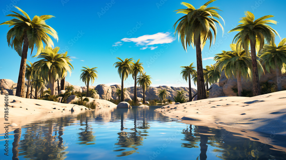 Fototapeta premium Oasis Landscape in a Desert, Tropical Palm Trees and Water, Travel Background with Green Nature in a Dry Area