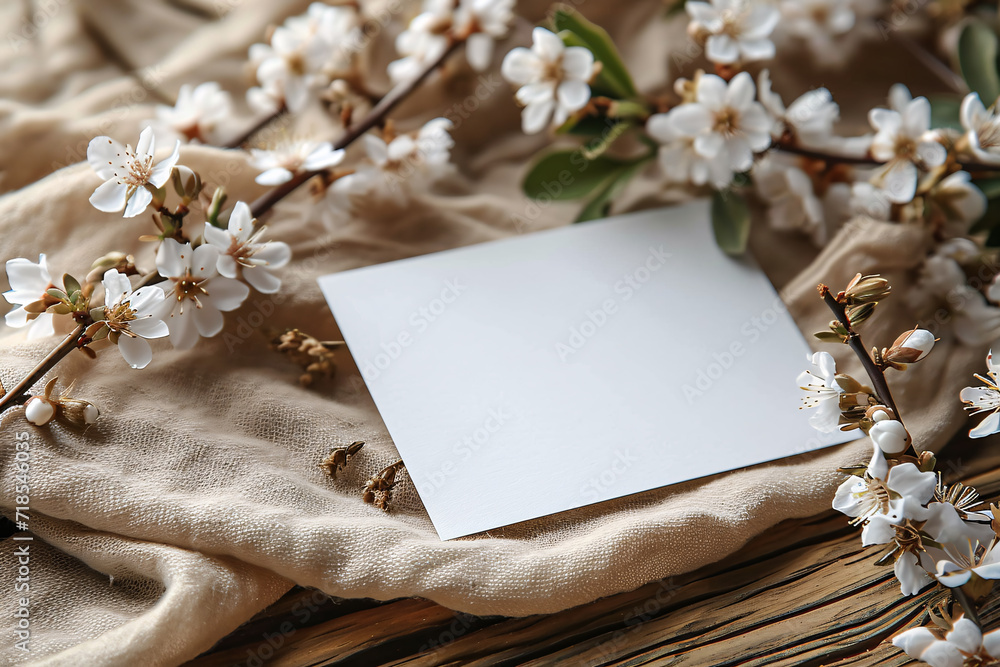 Post paper Card Mockup, Wedding Invitation card Mockup Flat lay Photography against the dried plant and white flowers Post paper Card Mockup, Wedding Invitation card Mockup Flat lay Photography against the dried plant and white flowers