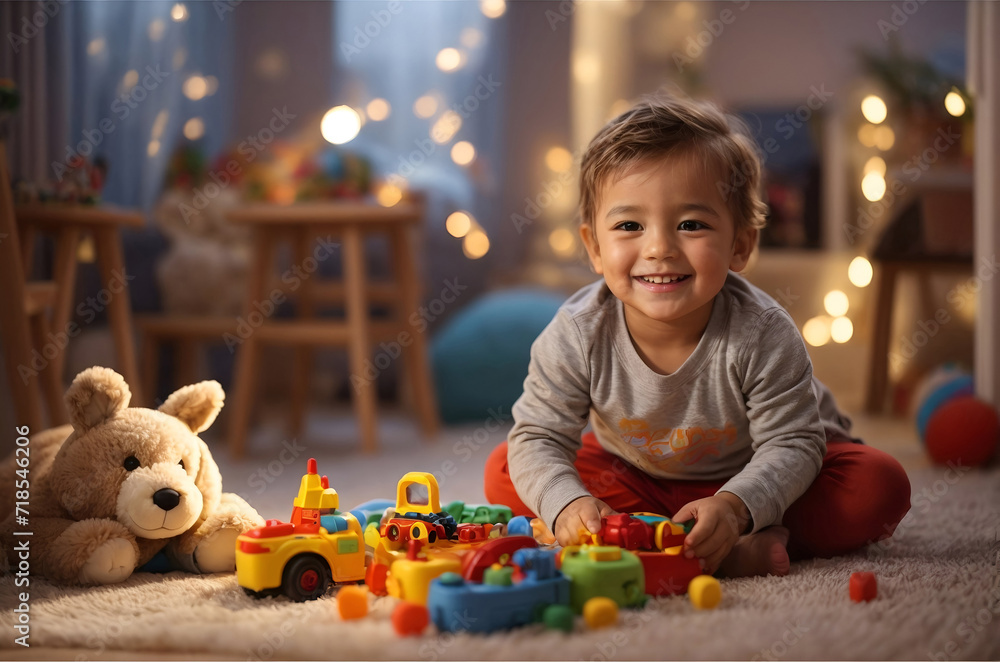 Little child, kid playing with colorful toys in his room at modern home with copy space. Little child, kid playing with colorful toys in his room at modern home with copy space.