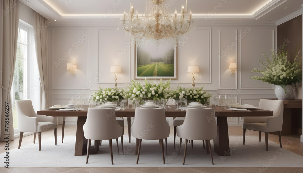 Modern luxury elegant dining room, spring flowers on the table.interior decoration. Well-appointed interior design.