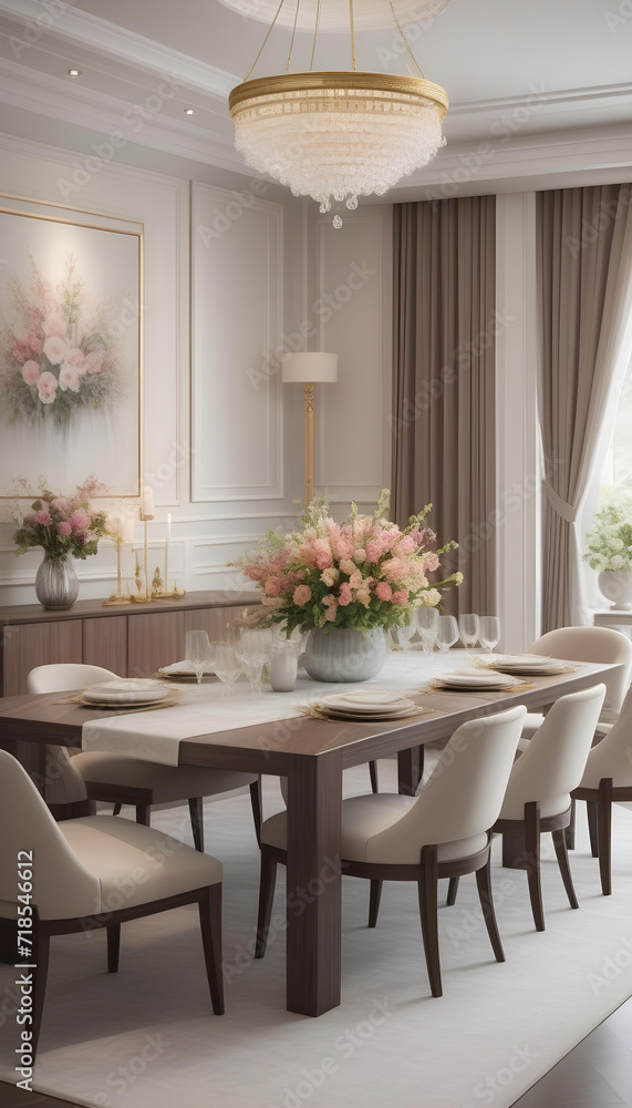 Modern luxury elegant dining room, spring flowers on the table.interior decoration. Well-appointed interior design.