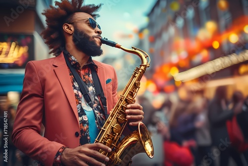 A musician passionately playing the saxophone on a vibrant city street, with people stopping to listen and groove to the music.