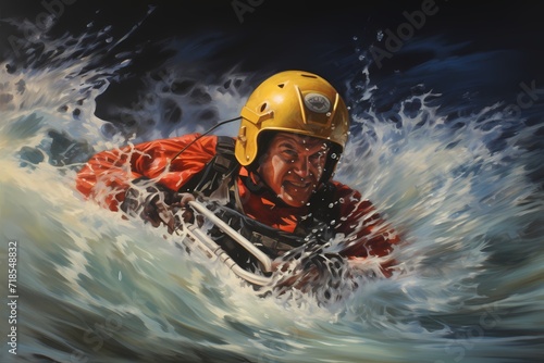 A lifeguard performing a rescue in turbulent waters, with strength and agility, keeping swimmers safe in challenging conditions.