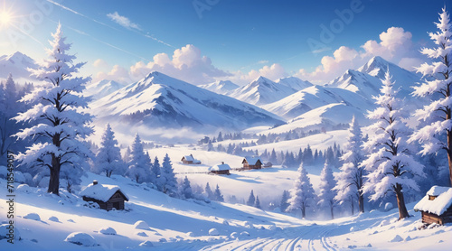The view of the mountains is filled with snow and looks so beautiful. Winter background © Eunoya
