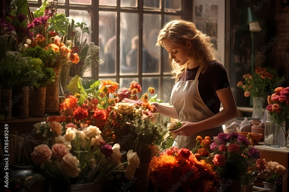 A florist arranging a beautiful bouquet of flowers in a quaint shop.