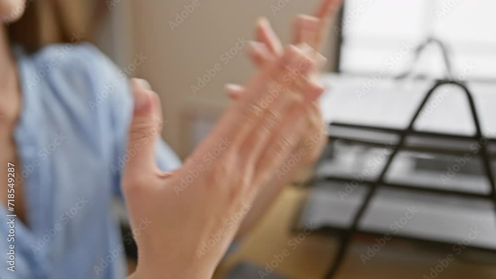 Expressive young beautiful hispanic woman, a successful business worker, speak with moving hands in office conversation at workplace Expressive young beautiful hispanic woman, a successful business worker, speak with moving hands in office conversation at workplace