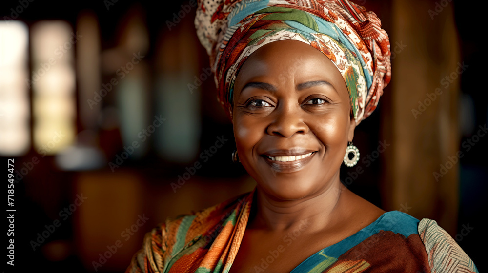 Smiling African American Woman in a Turban - Close-up