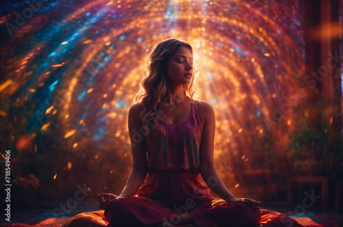 Woman sitting in meditation, lotus pose in a cosmic rays of light, connecting with the universe, copy space. Mental health, self care, fitness, mindfulness, wellbeing concept.