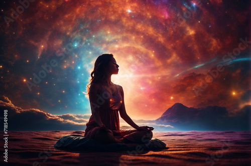 Woman sitting in meditation, lotus pose in cosmic rays of light, connecting with the universe, galaxy background, copy space. Mental health, self care, fitness, mindfulness, wellbeing concept.