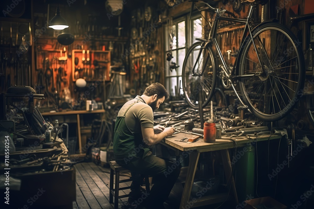 A mechanic repairing a bicycle in a tidy workshop with tools hanging on walls.