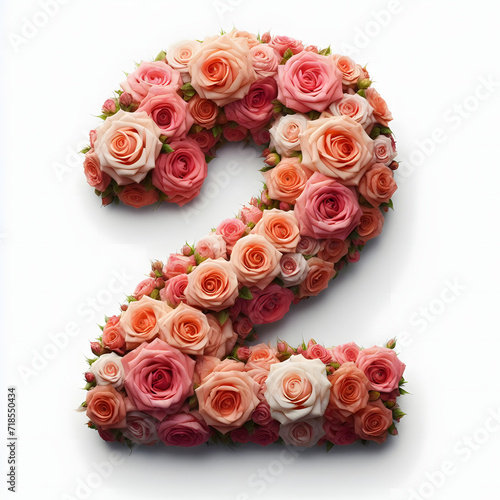 The Number 2 is made out of rose flowers, the Rose Numbers, and Valentine Designs, on a White background, isolated on white, photorealistic