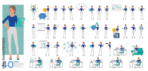 Big Set of working woman wear blue shirt color  character vector design. Presentation in various action. People working in office planning, thinking and economic analysis.