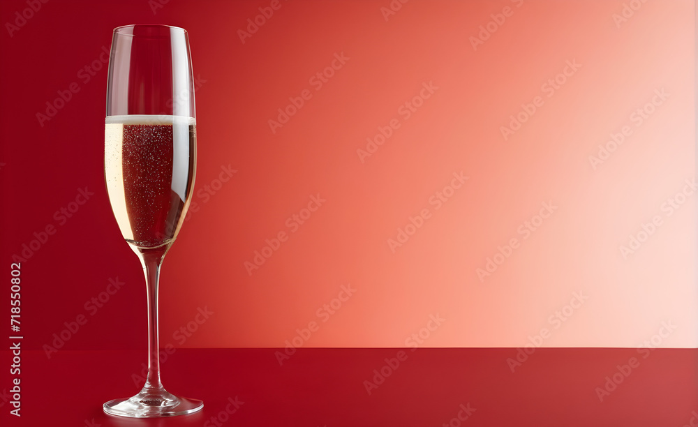 A champagne glass on a simple red background, Valentine's Day, Christmas. Generative AI A champagne glass on a simple red background, Valentine's Day, Christmas. Generative AI