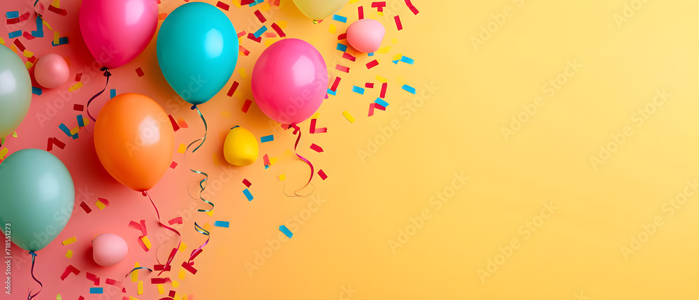 Group of Balloons and Confetti on Yellow and Pink Background