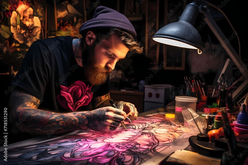 A tattoo artist creating intricate designs in a vibrant tattoo studio.
