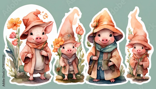 Watercolor illustration of three cute pigs in a hat and cloak. Piglets magicians, cottagecore art. photo