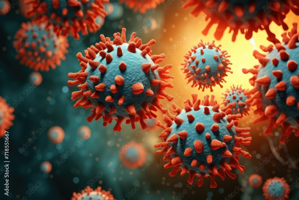 Virus  cell 3D illustrations a 3D microscope view, Illustration background of viruses in the human body, Microbiology and Virology Concept, Ai generated