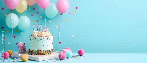 Birthday Cake Surrounded by Balloons and Confetti