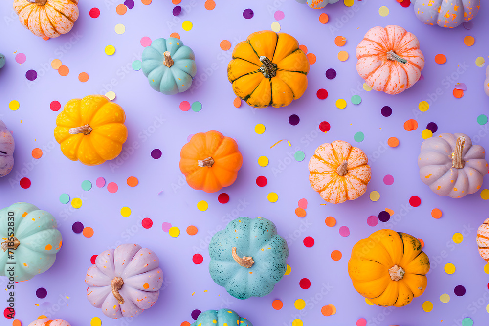 Flat lay of a small pastel color pumpkins pattern with confetti on a pastel purple background, creating a whimsical and festive scene. Halloween concept