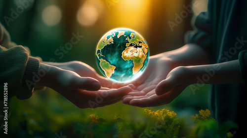 Sustainable development. Hands cradle a fragile Earth, symbolizing global care, environmental protection, and the shared responsibility to preserve our planet