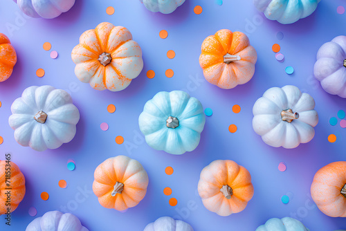 Flat lay of a small pastel color pumpkins pattern with confetti on a pastel purple background  creating a whimsical and festive scene. Halloween concept