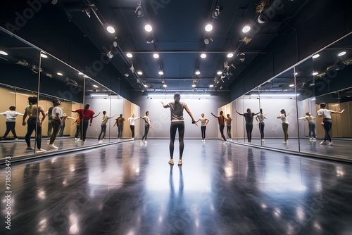 A dance instructor leading a class in a spacious, mirrored studio.