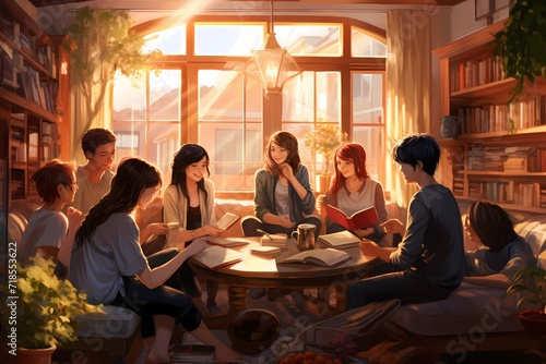 A group of people engaged in a lively discussion at a book club meeting in a cozy living room, books spread across the table.