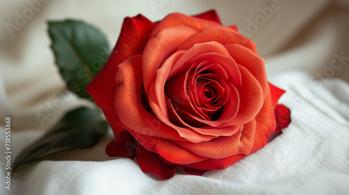 A close-up shot of a vibrant red rose resting on a crisp white bed. shutter speed, showcasing the delicate petals against the clean fabric, Beautiful rose, in full bloom