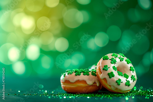 Shamrock leaves-themed donuts for St. Patrick's Day presented against a green bokeh background.