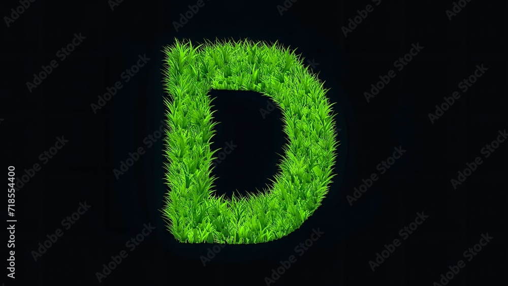 Beautiful illustration of English alphabet D with green grass effect on plain black background Beautiful illustration of English alphabet D with green grass effect on plain black background