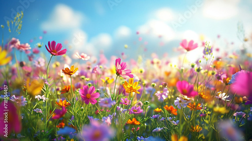 A field of vibrant wildflowers swaying in the breeze, creating a colorful and picturesque scene. Vibrant, field, daytime, wildflowers